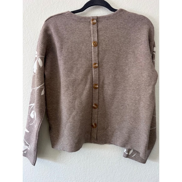 Joie Floral Knit Sweater Quiet Luxury Preppy Taupe Ivory Button Back SZ M - Picture 3 of 8